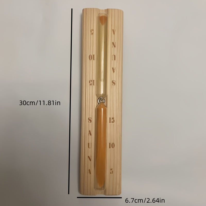 15-minute wooden sauna timer with sand glass, no electricity needed. Durable wooden frame with easy-to-read markings for pool and spa use.