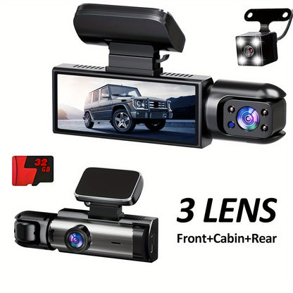 3-channel dashcam with front 1080P, inside 720P, and rear 720P recording capabilities, featuring a rear view DVR, 24-hour parking monitor, and car accessories.