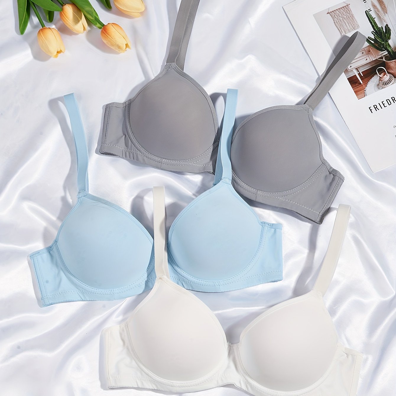 3 Simple Solid T-Shirt Bras, Comfortable Push Up Bra for Women's Lingerie & Underwear