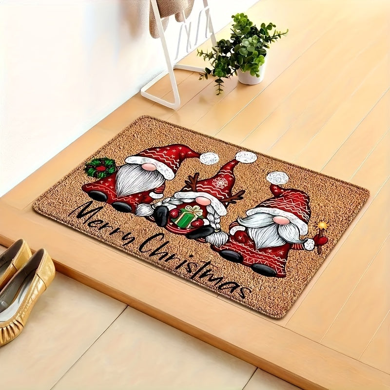 Welcome guests in style with this Christmas-themed door mat featuring a festive gnome design. Made with non-slip polyester fiber, this entry rug is perfect for both indoor and outdoor use. Easy to clean with a hand washable design. Perfect for adding