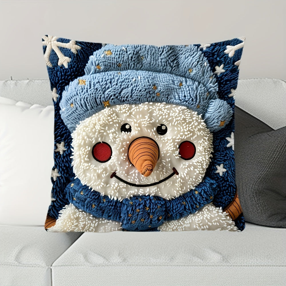 Christmas Snowman Pillow Cover - Soft Short Plush, 44.96cm x 44.96cm, Blue & White with Golden Stars, Zip Closure - Ideal for Home, Office, Car Decor (No Insert)