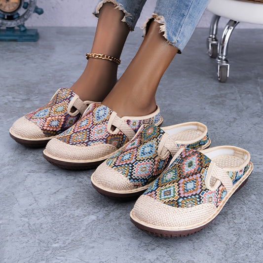 Stylish geometric print mules with embroidered details, closed toe, and non-slip sole for comfortable daily wear.