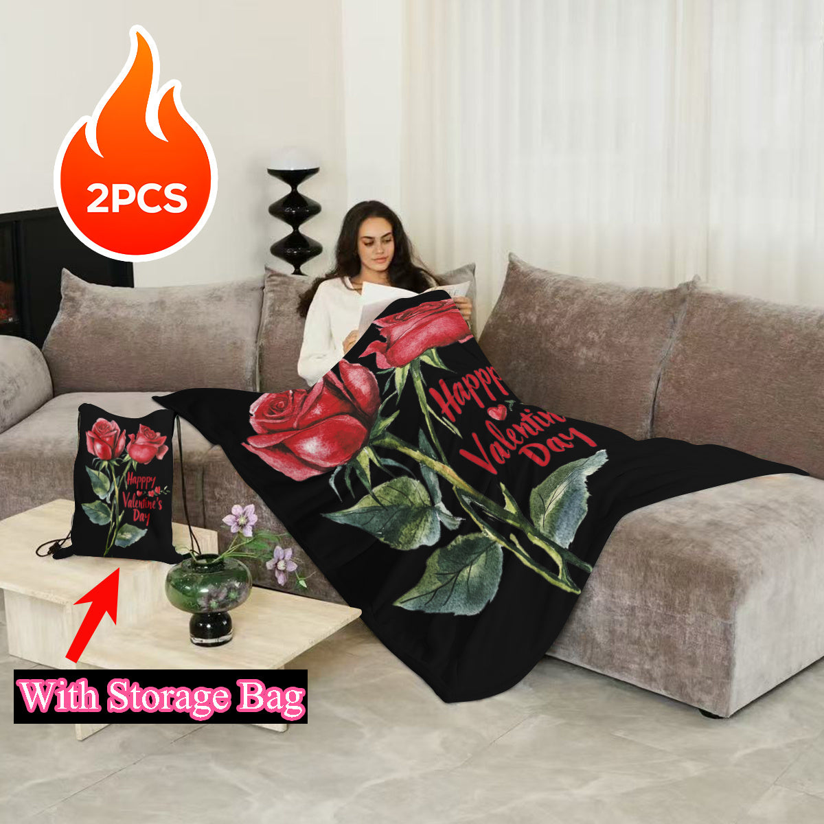 Valentine's Day Red Rose Flannel Throw Blanket Set featuring a Multi-Purpose Pocket - Cozy, Gentle on Skin, and Reversible for Year-Round Comfort - Ideal Present for Those you Cherish