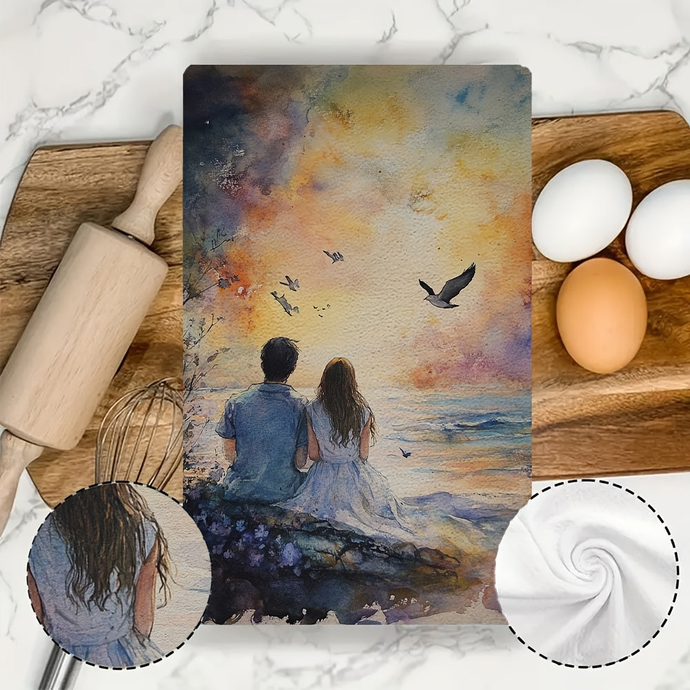 Two pieces of romantic sunset love kitchen towels - made from ultra soft and highly absorbent polyester, measuring 40.64x60.96 cm. These dish hand towels feature a vibrant sky design, perfect for holiday decor. They are machine washable for easy care.