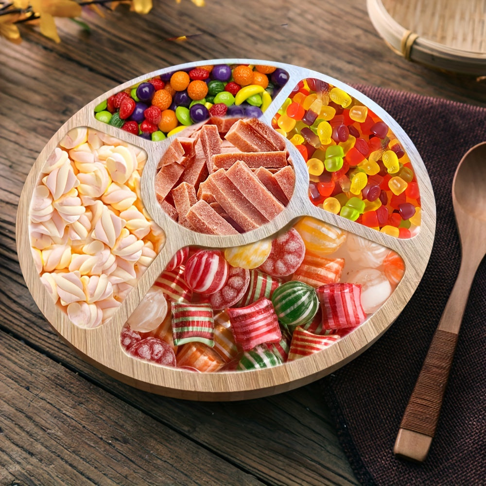 Stylish round bamboo tray for serving snacks and fruits in the kitchen or dining room.