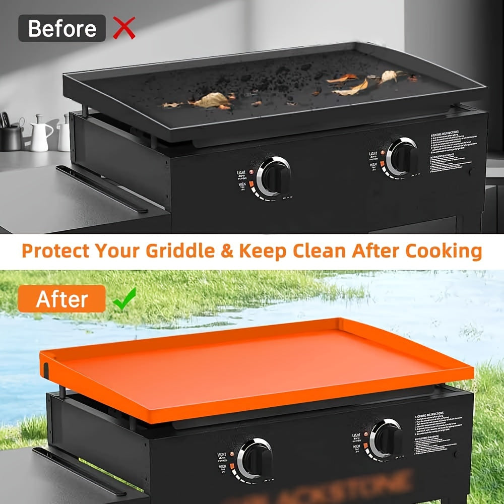 Durable silicone grill cover for Blackstone grills provides full surface protection, is easy to clean and dishwasher safe. Perfect for outdoor cooking and grill accessories.