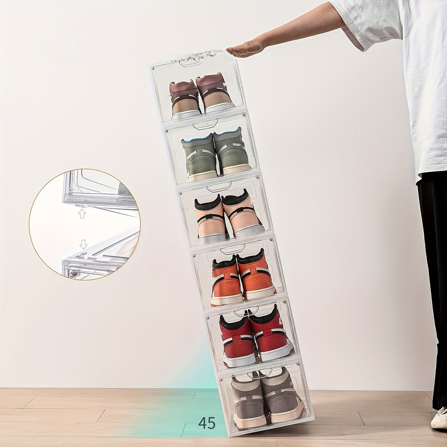 Folding Shoe Storage Box Set of 6 with Transparent Door, Durable Plastic Dustproof Containers for Shoes, Stackable Shoe Display Cases, Space-Saving Organizer for Bedroom, Bathroom, Office, Entryway, Hallway, Closet, Wardrobe, Home, Dormitory