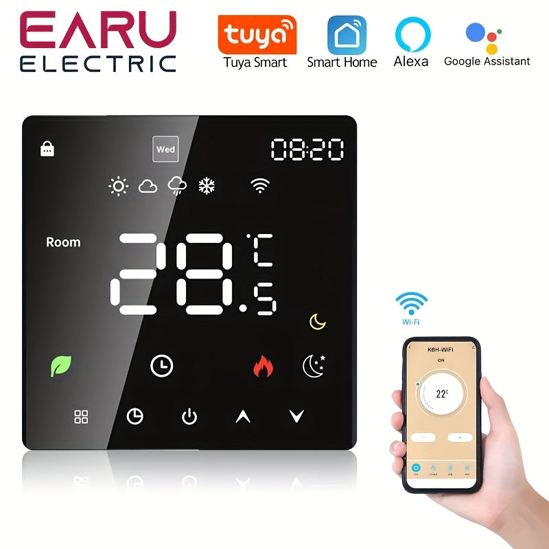 WiFi Smart Thermostat controls electric floor heating, TRV water/gas boiler - flush mount digital temperature sensor. App/Voice control through Alexa/Google Home. Hardwired 220-240V room