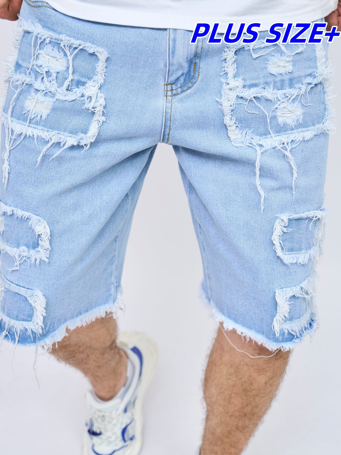 Men's distressed denim shorts with multiple pockets and frayed hem, made from cotton for plus size