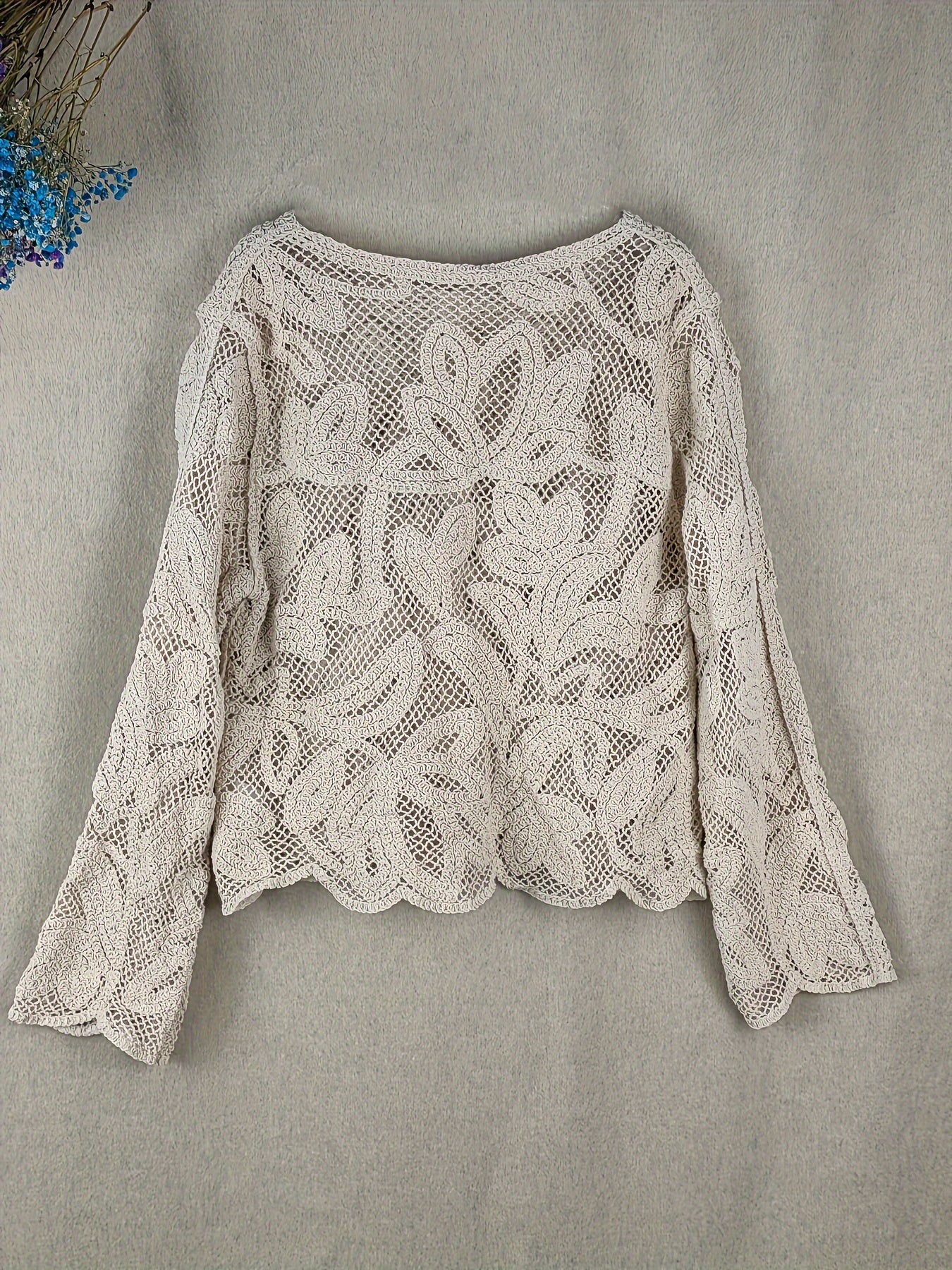 Guipure lace button front shirt for women, casual long sleeve top for spring and fall.