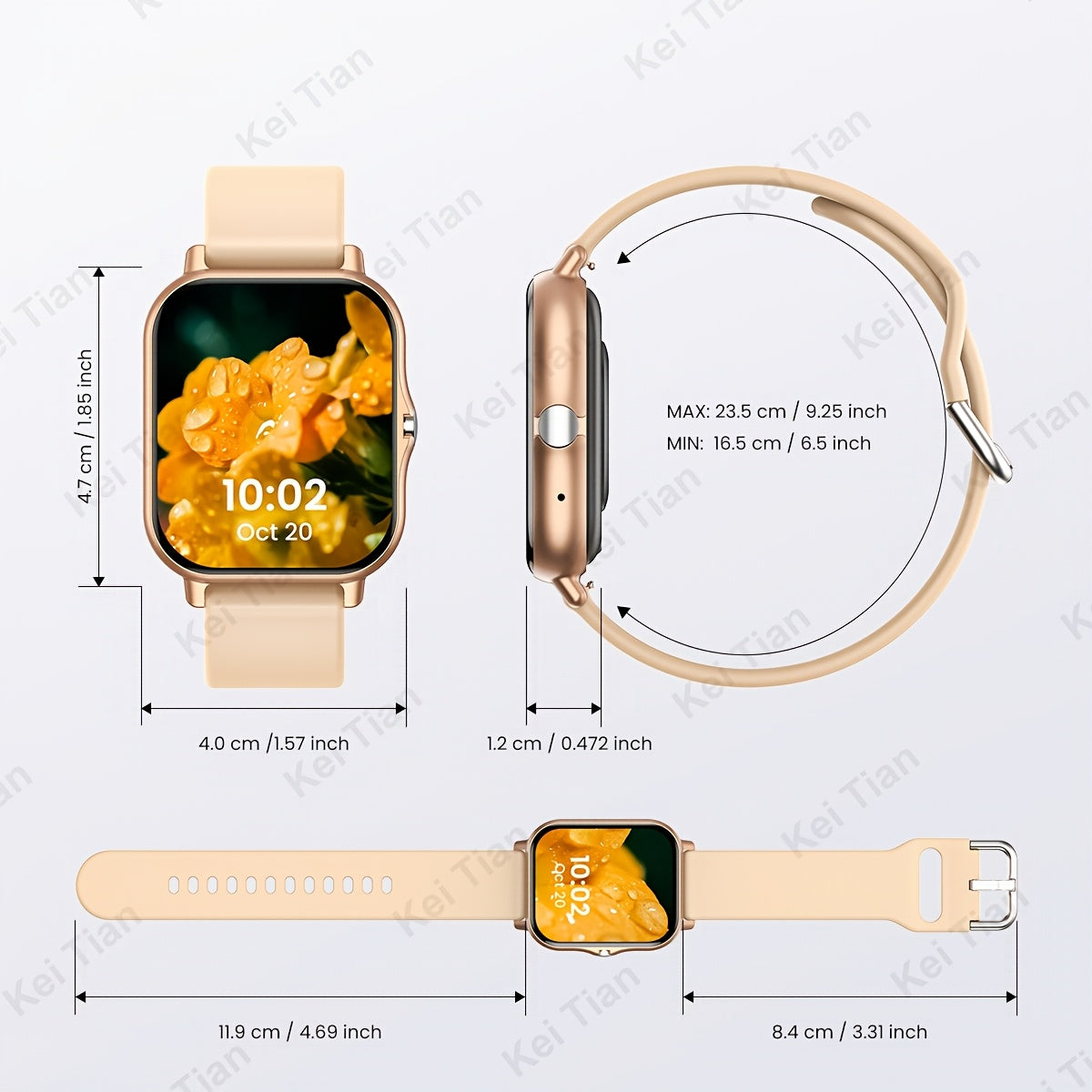 Stylish 4.65cm smartwatch with wireless connectivity, touch screen, multi-sport tracking, customizable wallpaper, and beige strap - ideal for Android phones.