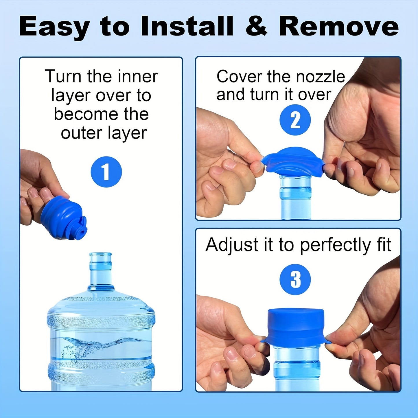 Food-grade silicone caps for various sized water jugs with wide mouths, anti-slip slot, thick plugs, and pull-tabs.