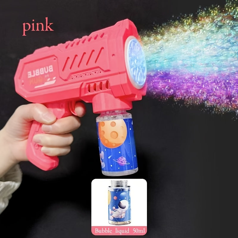 1pc Electric Bubble Gun for kids with LED lights, refillable solution, perfect for parties.