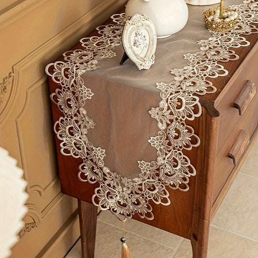 Polyester square table runner with floral lace edging, ideal for dining rooms, coffee tables, parties, and gatherings.