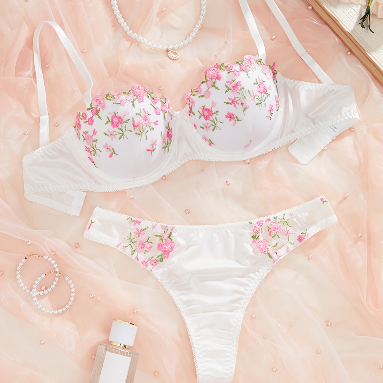 Floral Embroidered Push Up Bra and Panty Set - Women's Lingerie