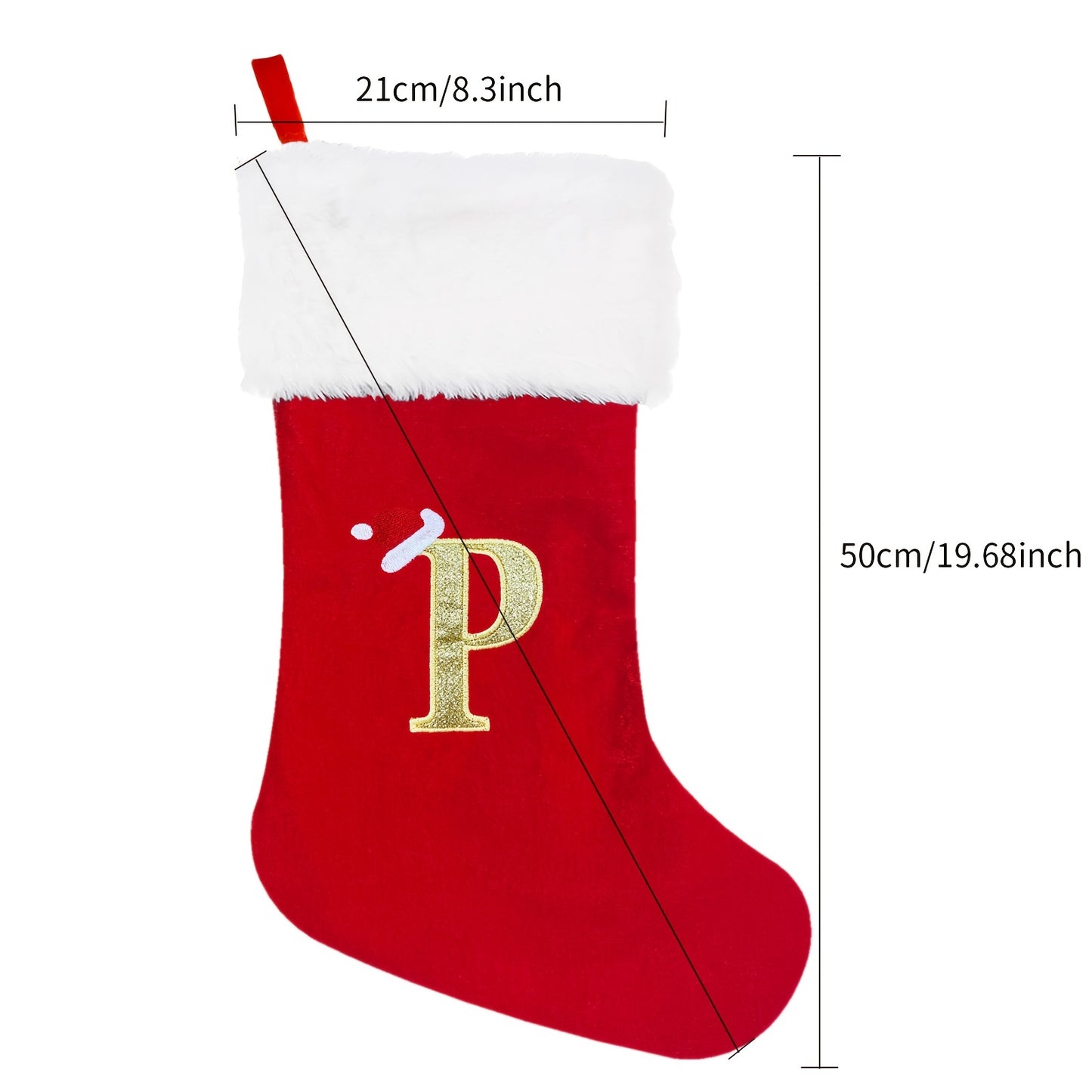 1 red velvet Christmas stocking with white plush cuffs, embroidered initial, 53.34 cm. Perfect for holiday parties and home decorations.