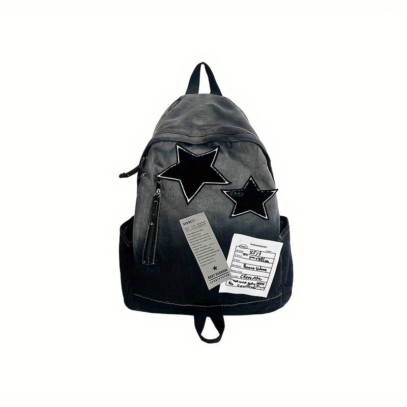 Punk Goth Denim Backpack with Star Patch, Zip Closure, Multiple Compartments, Large Capacity for Students & Everyday Use