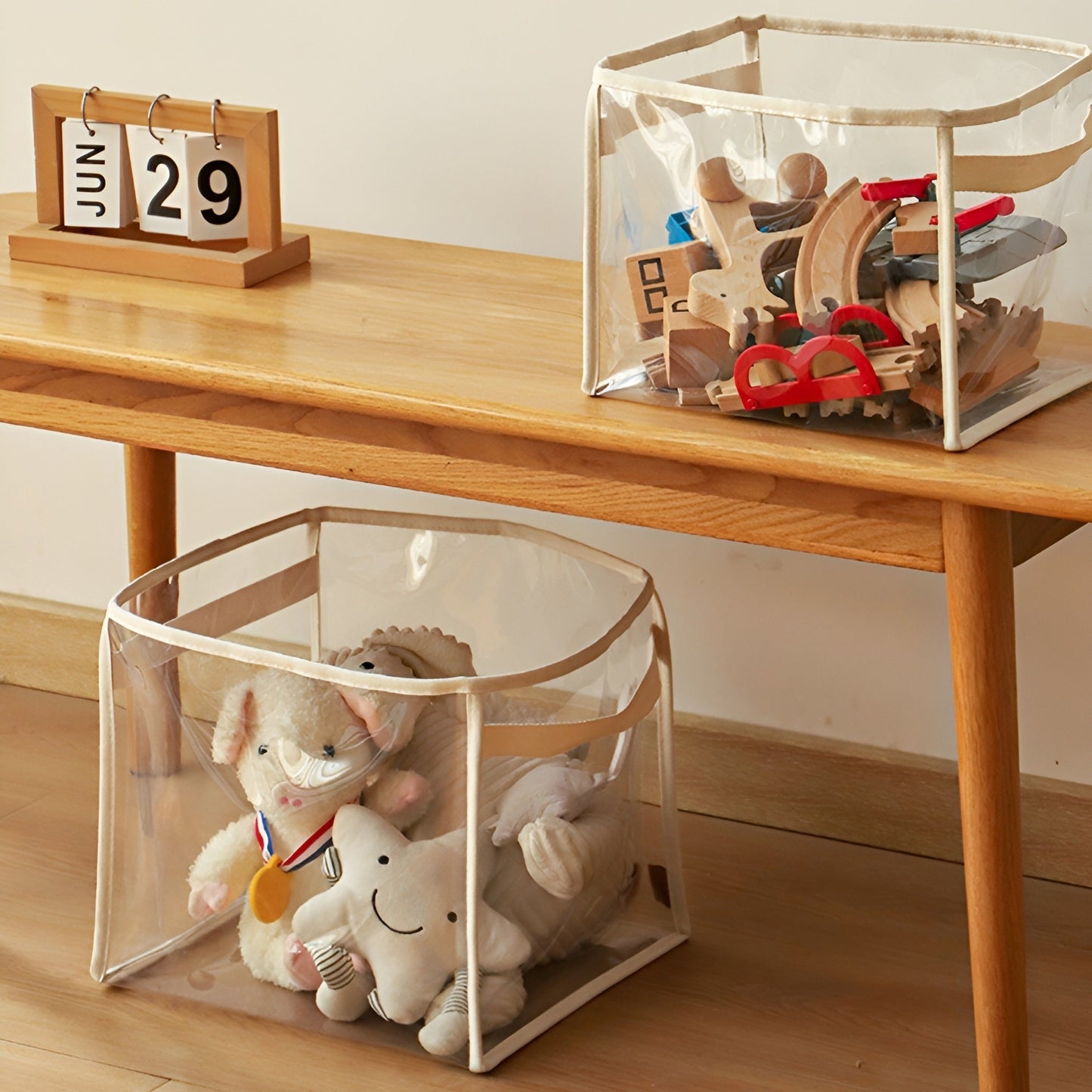 Clear Plastic Storage Basket with Handles for Home Organization in the Living Room, Stackable and Transparent