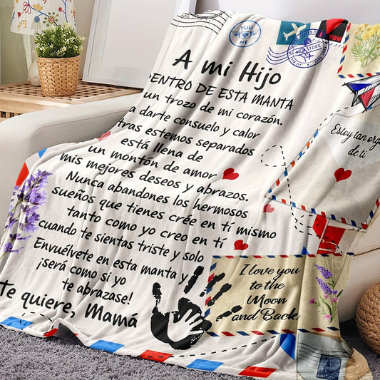 Soft and cozy flannel blanket featuring a Spanish printed letter from Mom to Son. This versatile shawl blanket doubles as a nap throw or casual sofa blanket. A perfect holiday gift that can also be used as a bed or multi-purpose blanket, making it both