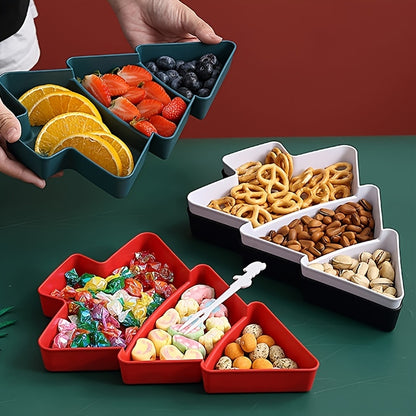 Christmas tree-shaped plastic tray for snacks, candy, fruit, and nuts. Perfect for parties, tea time, and gatherings. Ideal for office gift packaging. Made of durable plastic.