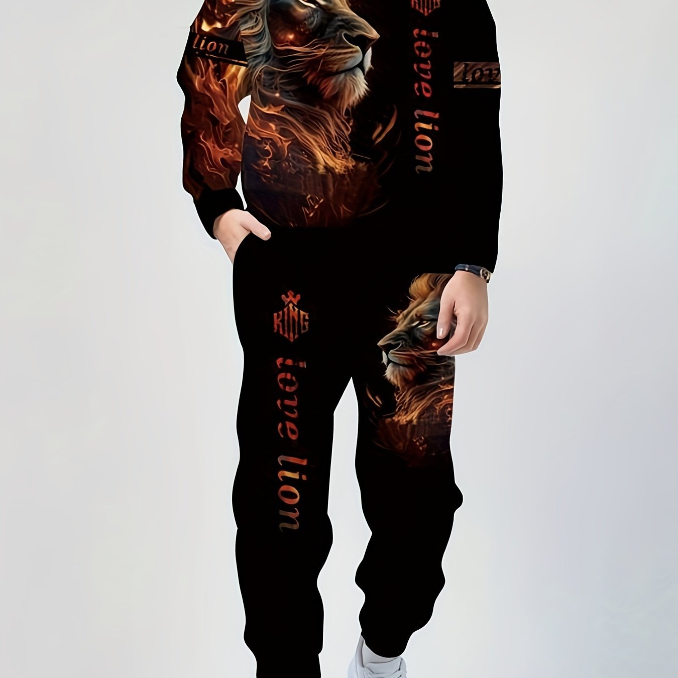 Plus size men's lion print hoodie and sweatpants set for fall/winter.