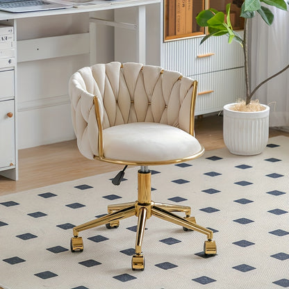 Golden Velvet Swivel Vanity Chair with Woven Backrest - Adjustable Height, 360° Rotation, 5-Wheel Base for Smooth Rolling, Cream Upholstery, Ideal for Home Office, Dressing Table, Salon