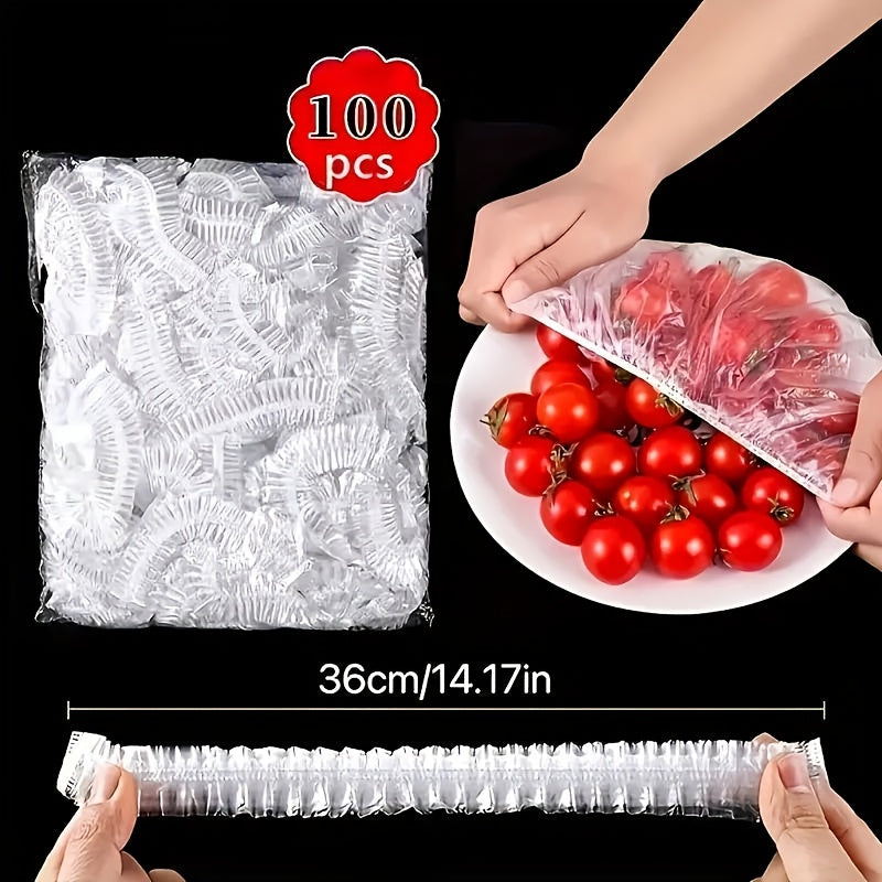 100-pack of elastic food storage covers, transparent and reusable, ideal replacement for aluminum foil and cling film.