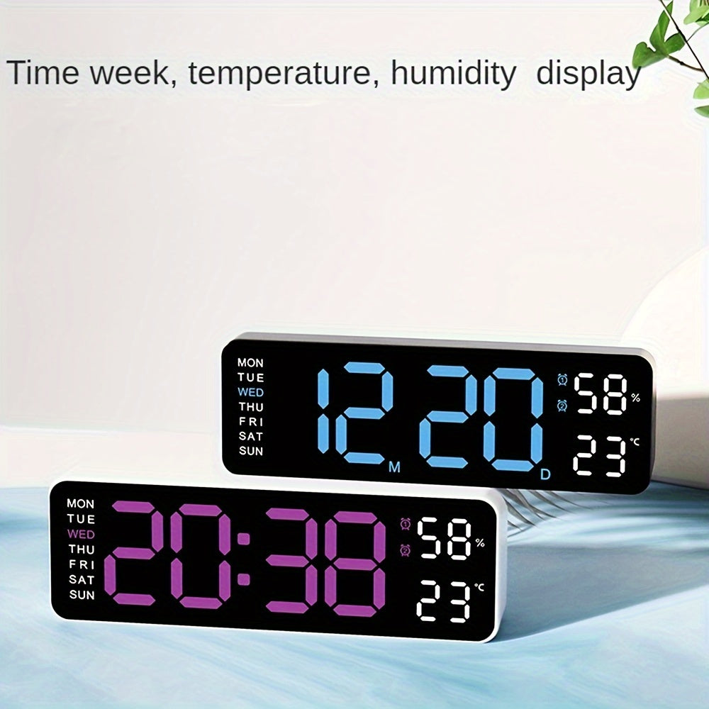 Digital wall clock with temperature and humidity display, week display, adjustable brightness, table alarm clock, and 12/24 hour format.