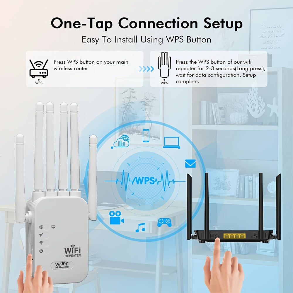 1 Momotor WiFi Extender boosts 2.4GHz signal with Ethernet port, power supply, European plug, non-waterproof design, and AP/Repeater modes for various settings.