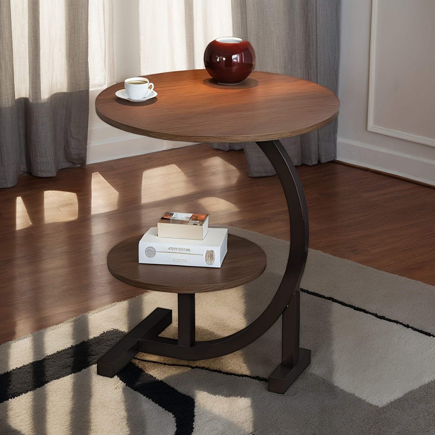 40.13cm chic circular coffee table with waterproof double-layer design, easy assembly, solid wood top, and sturdy metal base for indoor use.