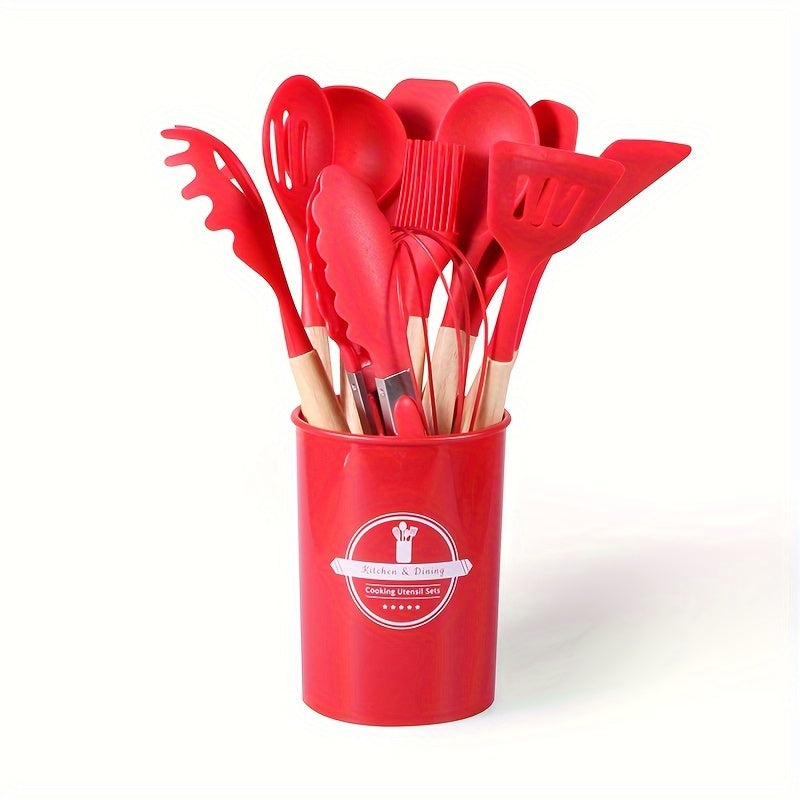 Set of 12 silicone kitchenware pieces - featuring non-stick, food-grade cooking tools such as shovels, spoons, and spatulas. Ideal for both vacation and everyday kitchen use. Great for Christmas and Thanksgiving celebrations.