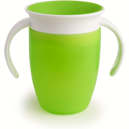 Pink and white leak-proof training cup with easy-grip handles for young children. Made of durable, lightweight silicone and is handwash recommended.