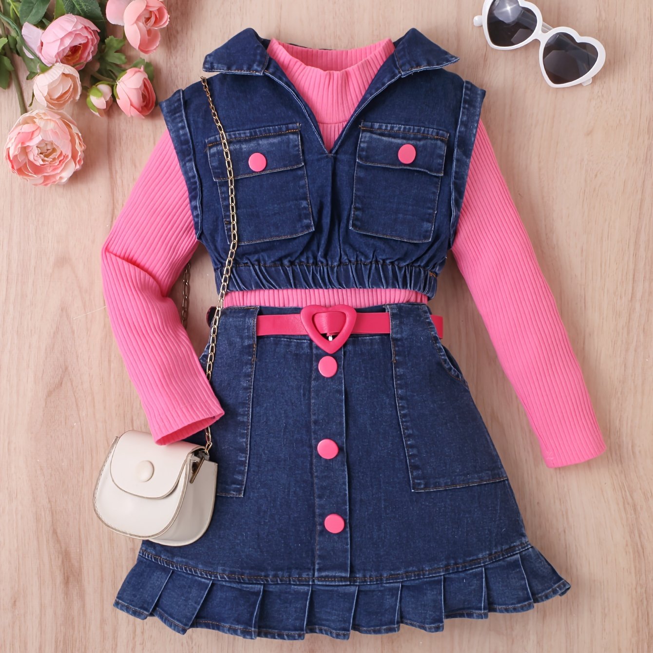 Girls' Fashion Casual Outfit Set: High neck long sleeve top with denim vest, knee-length pleated skirt with belt.