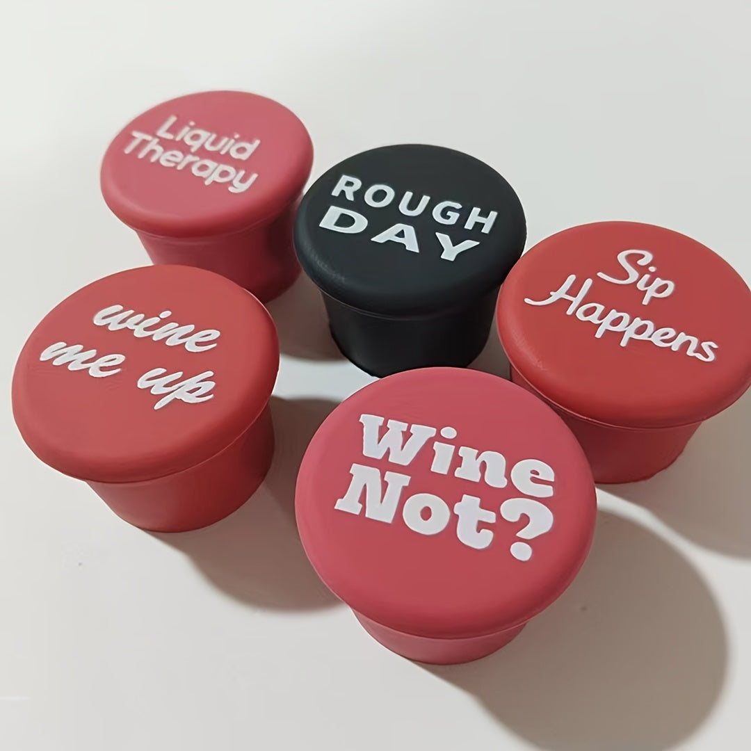 Silicone wine stoppers with funny phrases for festive parties.