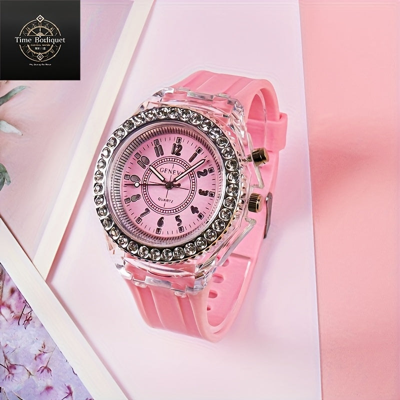 Glow-in-the-Dark Silicone Watch with Rhinestone Accents, LED Time Display for Men, Women, & Youngsters, Quartz Movement, Casual Fashion Accessory, Fun Nightwatch, Analog Display, Silicone