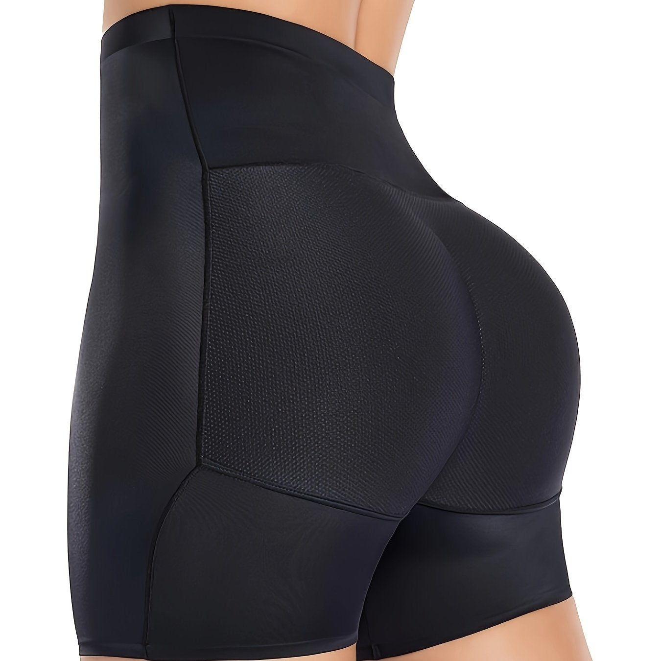 High waist shaping shorts for women made of 82.90% polyamide and 17.10% elastane knit fabric. Features solid color with contrast mesh, medium support, butt lifter, and tummy control. No