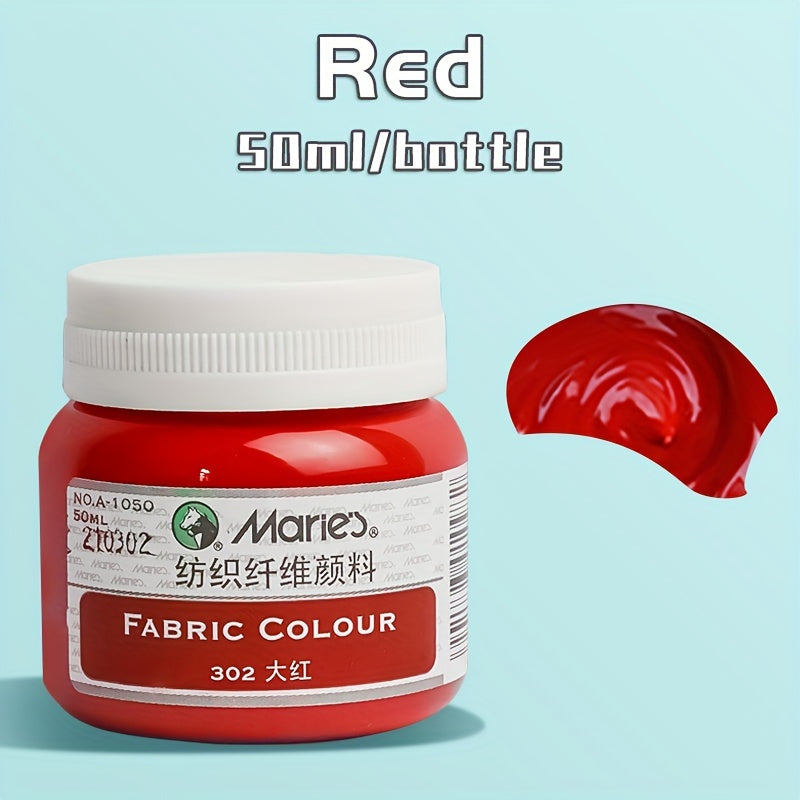 1 bottle of Marie's Fabric Paint, 50ml - 12 colors available for permanent clothes painting. Includes medium brush. Ideal for artists and crafters. Suitable for t-shirts, shoes, jeans