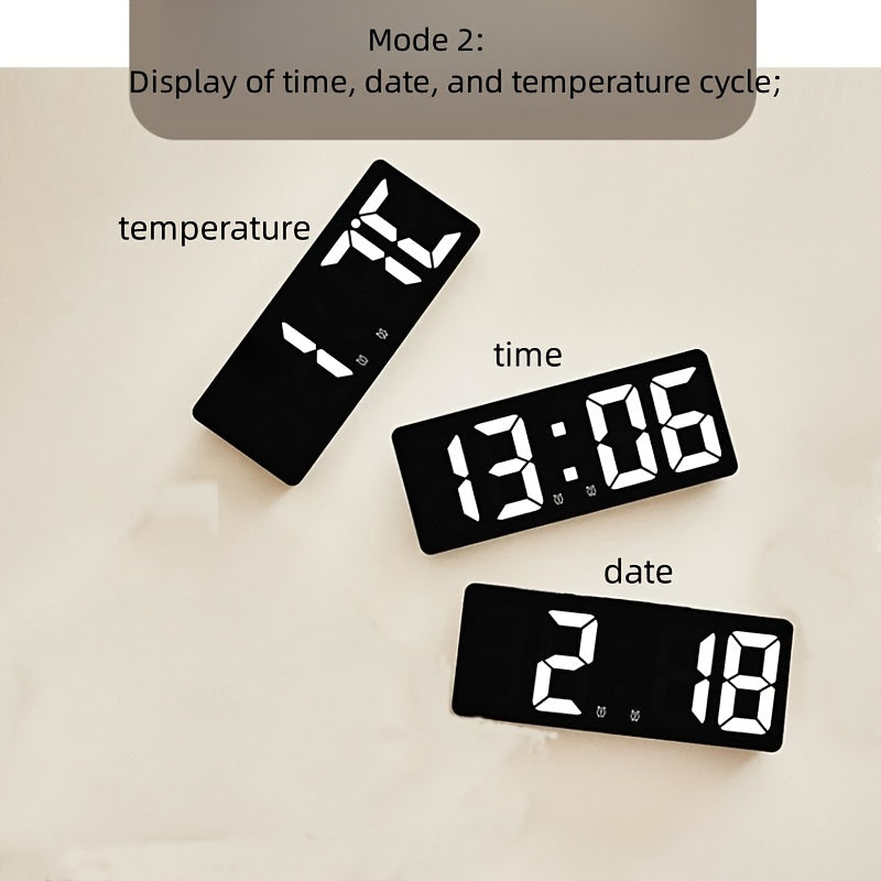 Digital LED alarm clock with temperature display, 12/24 hours, snooze mode, USB or AAA power supply, for bedroom and living room use.
