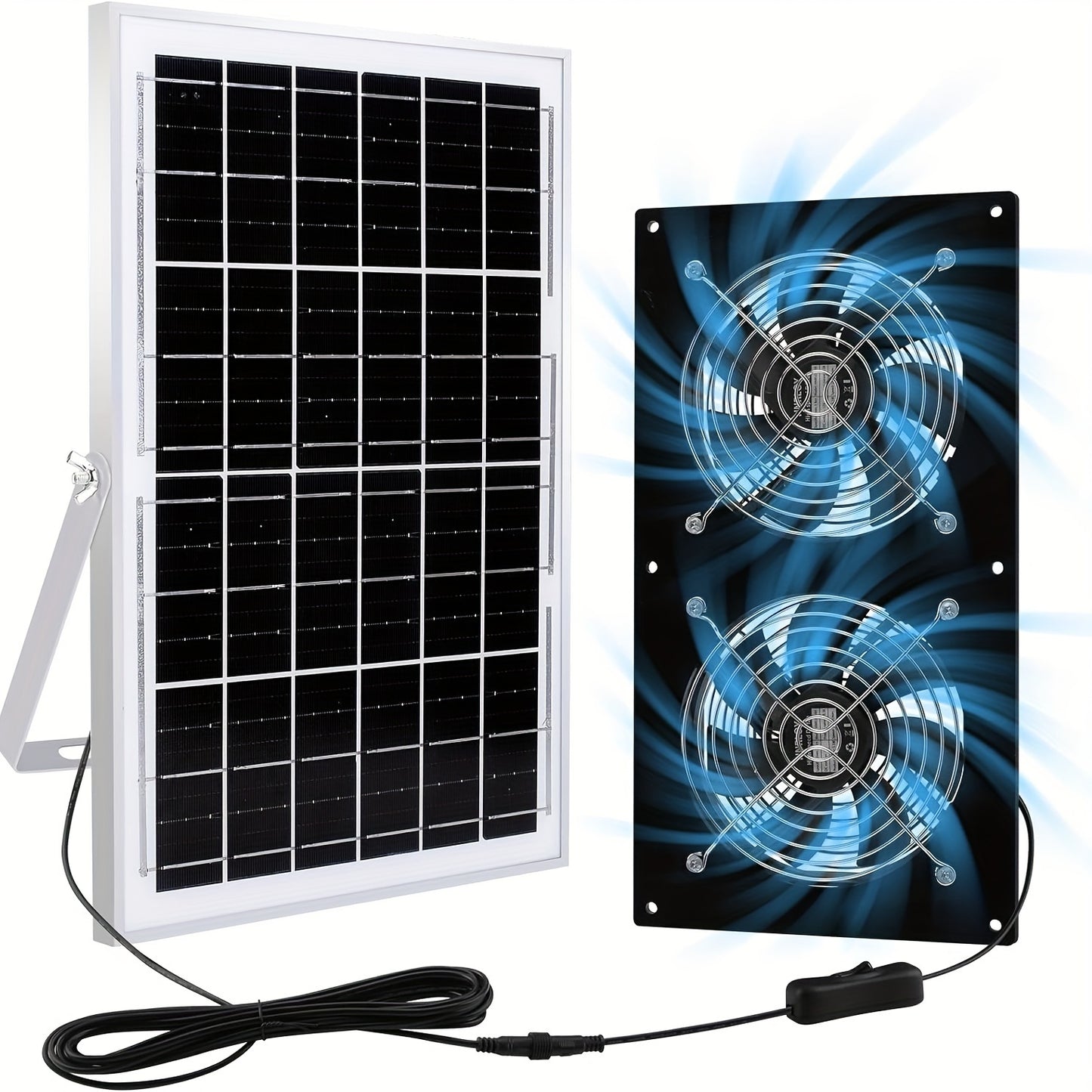 15W solar panel powers dual 12V attic fans for ventilation in loft, shed, barn, chicken coop, and dog kennel.