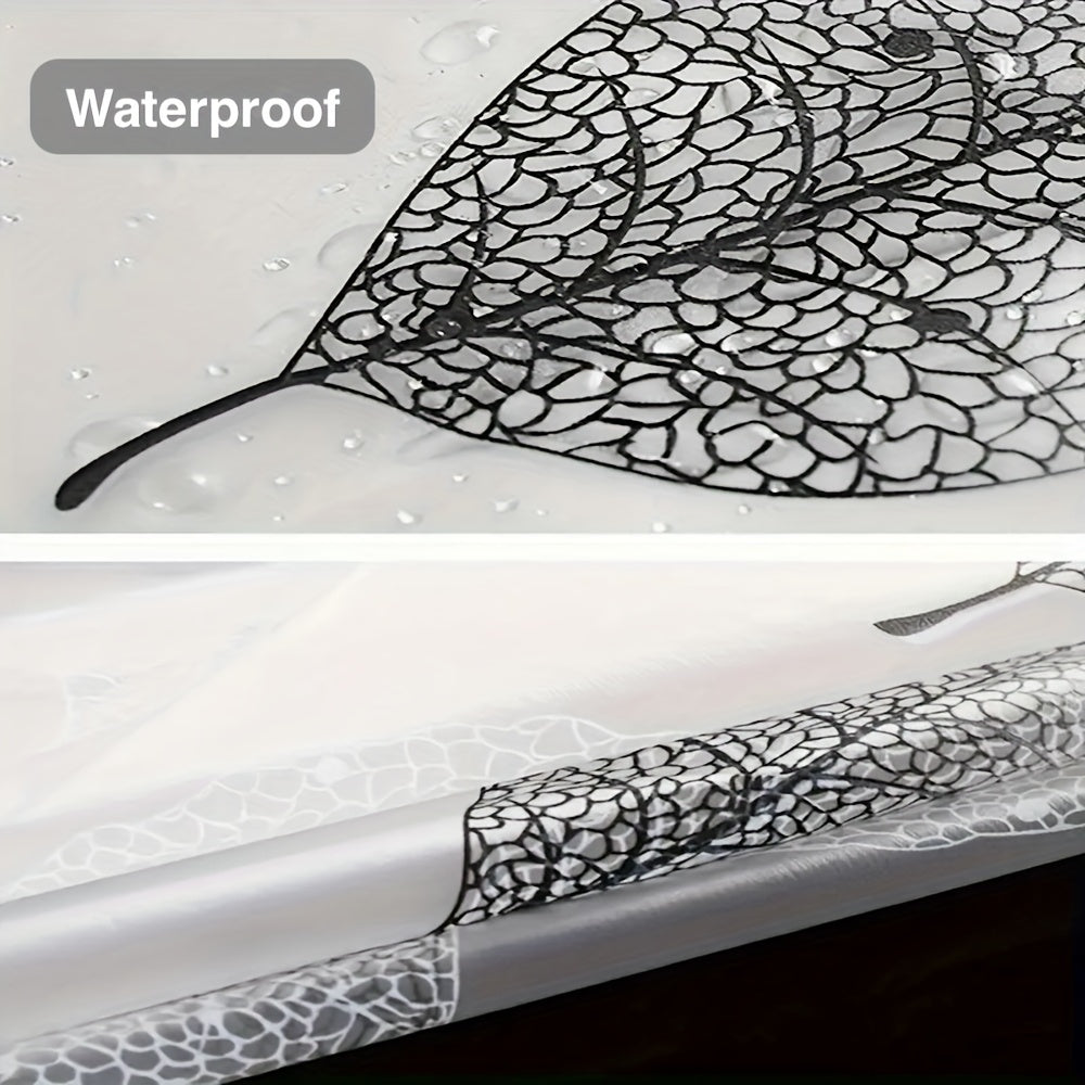 Waterproof PEVA shower curtain liner with leaf pattern and plastic hooks, suitable for various settings such as hotels, apartments, dormitories, and homes for bathroom and window decoration.