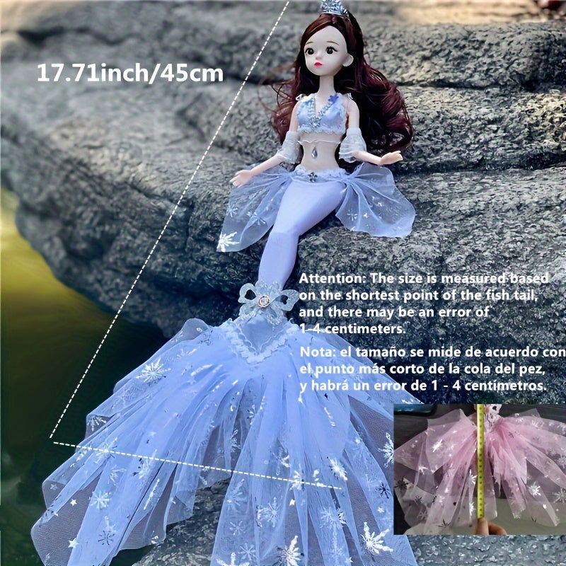 44.98cm Princess Mermaid Doll with PVC body, realistic eyes, movable joints, dress-up accessories, perfect for girls' birthday gift, playtime, and room decor.