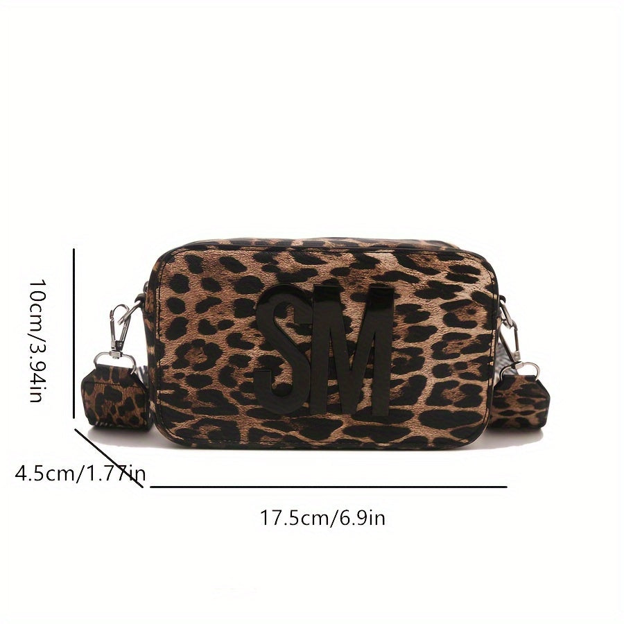 Leopard print PU crossbody bag with detachable strap in deep brown, perfect for casual or commuting outfits. Bold letter design on small shoulder bag.