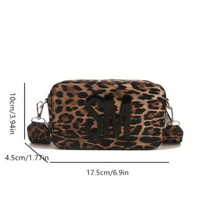 Leopard print PU crossbody bag with detachable strap in deep brown, perfect for casual or commuting outfits. Bold letter design on small shoulder bag.