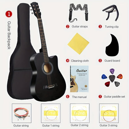 38-Inch Acoustic Guitar Starter Kit for Beginners, Includes Backpack, Strap, Capo, Picks, Picks Case, Strings, Cloth, Stickers, and Instructions.