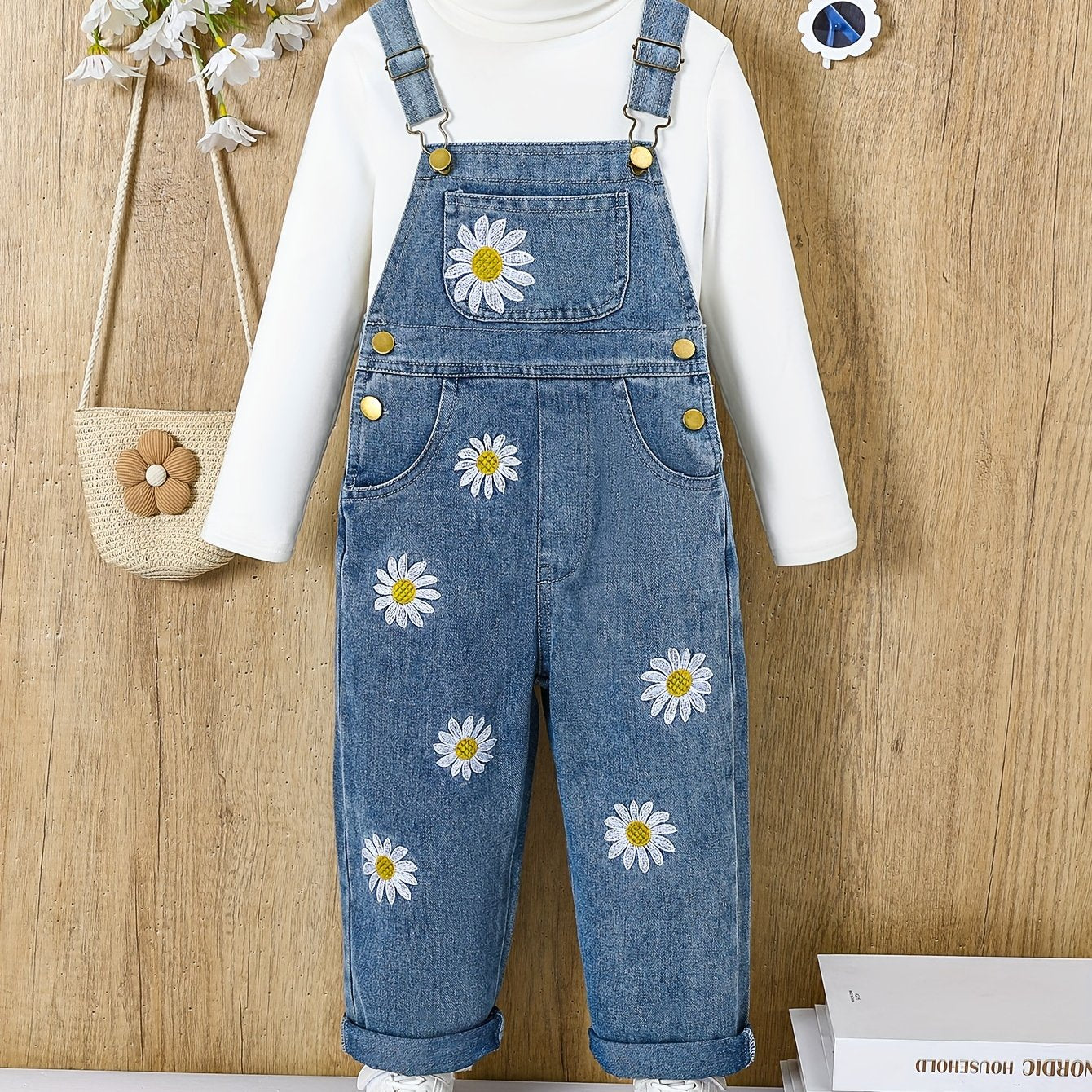 Breathable denim pants with daisy embroidery for outdoor wear in spring and summer