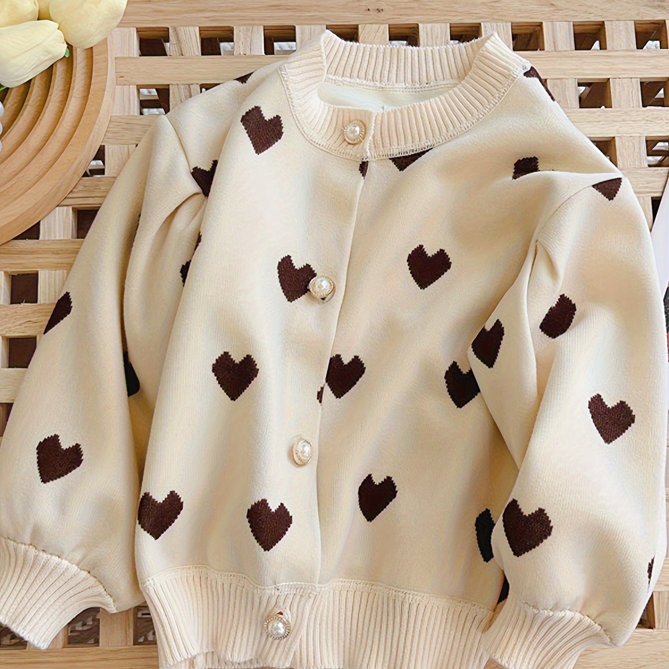 Girls' Cute Hearts Knit Cardigan with Elaborate Buttons, Long Sleeve Sweater Coat for Fall/Spring