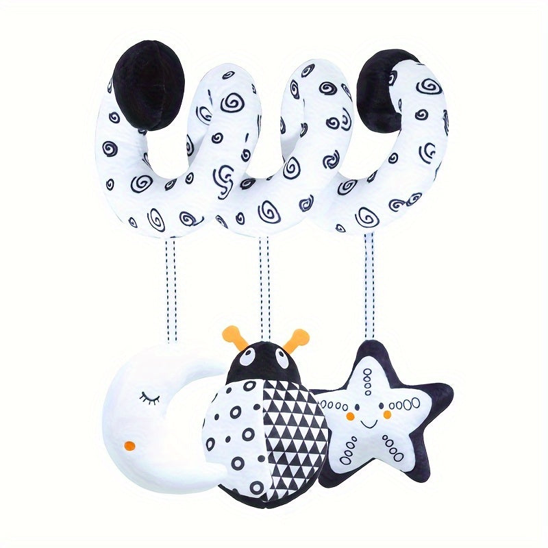 Black and white baby hanging toys with animal-themed designs, perfect for decorating strollers and car seats. These plush spiral toys are ideal for entertaining babies while traveling. Choose from bee, owl, or beetle styles.