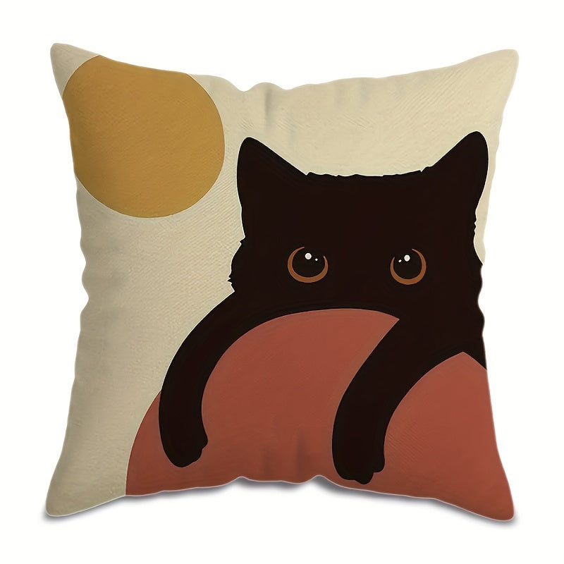 Contemporary Black Cat Design Double-Sided Throw Pillow Cover, 44.96x44.96cm, Abstract Modern Farmhouse Decorative Cushion Case with Zipper Closure for Couch, Patio, Living Room. Machine Washable - Made of 100% Polyester, Insert Not Included.