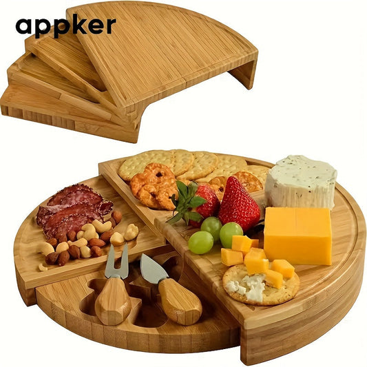 Appker Bamboo Cheese Board Set includes Cheese Knife and Wooden Charcuterie Board with Rotating Serving Platter for Appetizers, Food Safe Kitchen Accessory with Cheese Tools