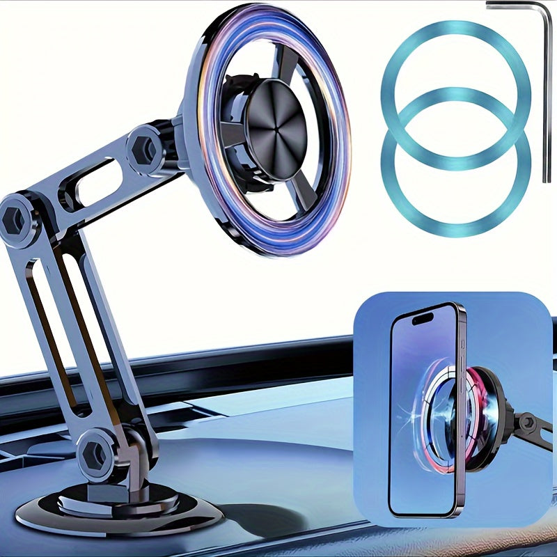 Aluminum Alloy Magnetic Car Phone Holder: Foldable, 360° Rotatable Dashboard Mount with Strong Nano Adhesive.